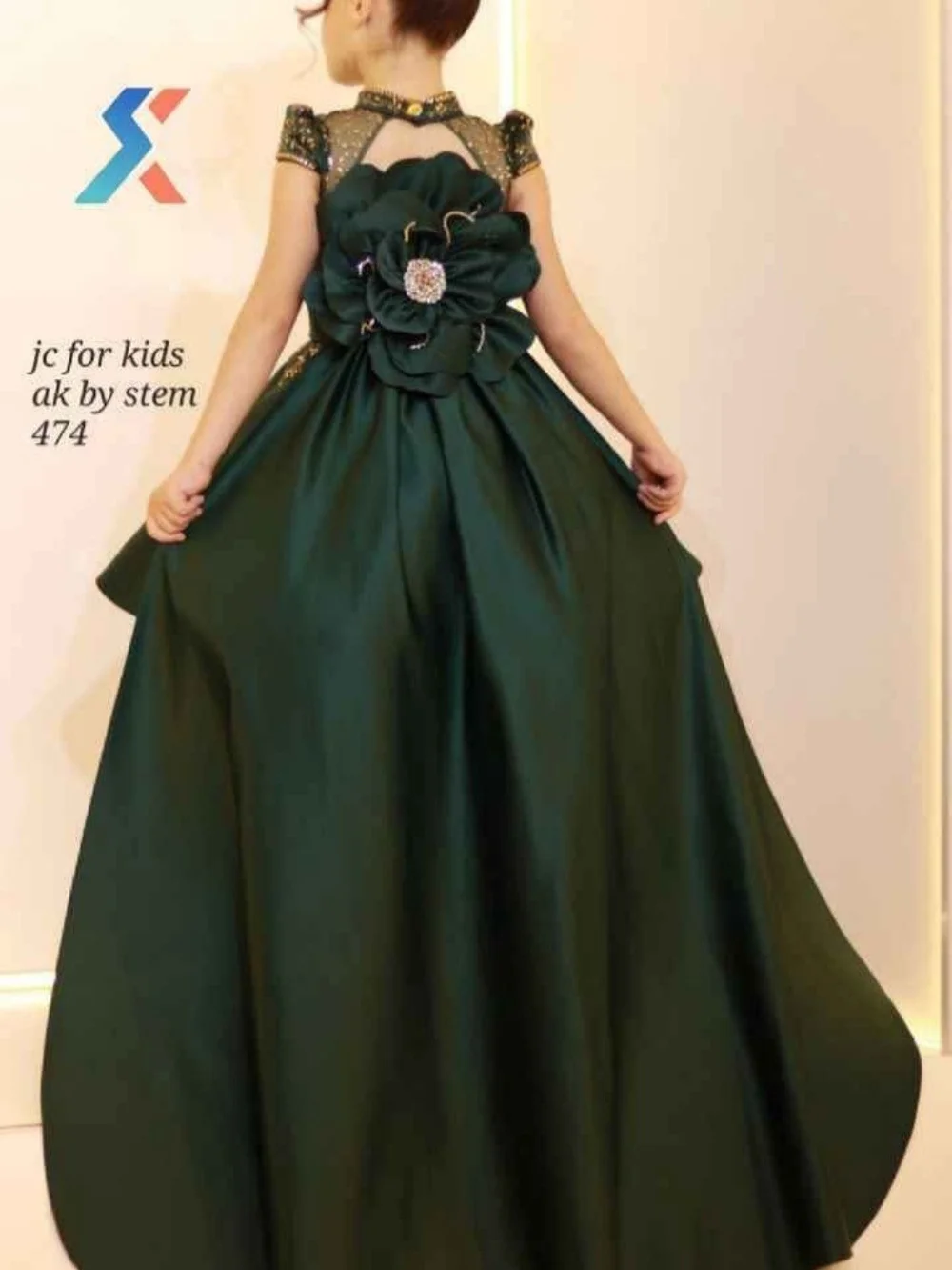 Made In Dark Green Flower-Back Girls Party Dress